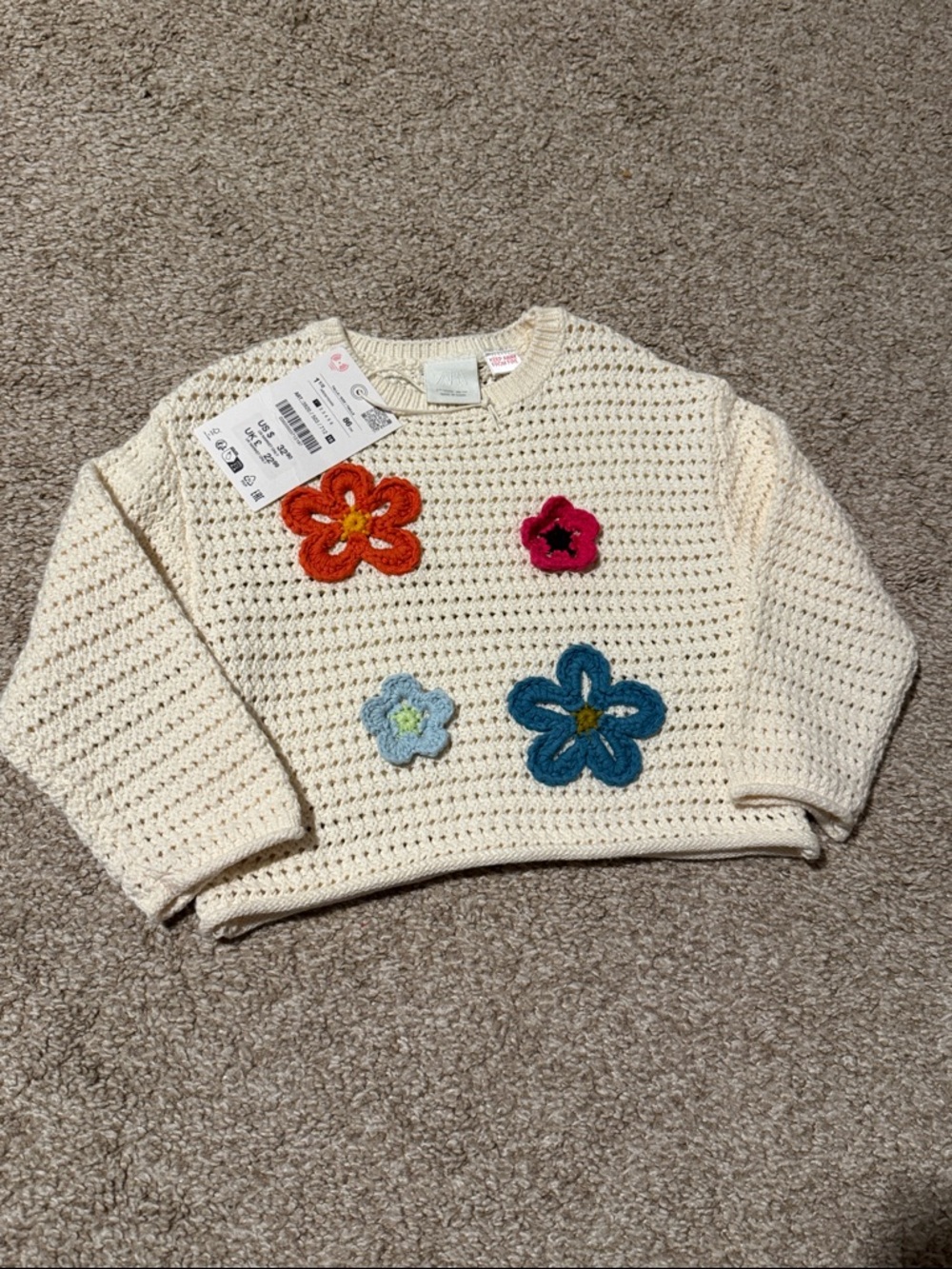 Zara Cream Crochet Sweater with Orange and Yellow Flower Applique - Picture 2 of 3